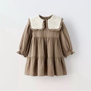 Zara girls tiered dress with cream crochet collar size 5/6